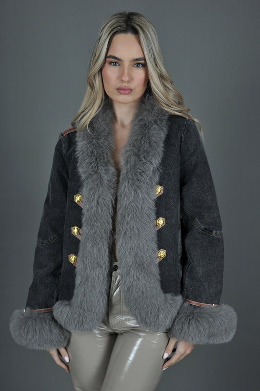 Denim Jacket with Fox Trim